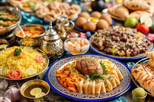 Various Middle Eastern foods on a plate on a carpet for the menu for breaking the fast for Muslims in the month of Ramadan