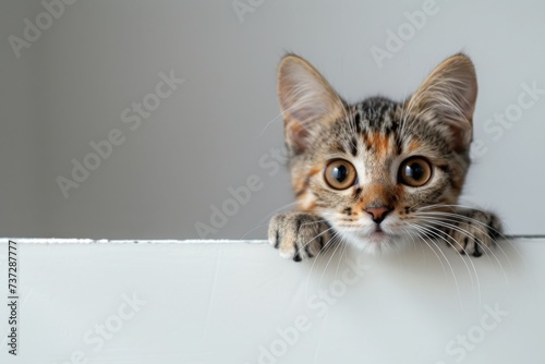 Mischievous Cat Sneaking Behind White Surface Banner. Capture the Whimsy of Feline Antics. Ideal for Cat Lovers' Blogs, Marketing Campaigns, and Pet Supply Promotions