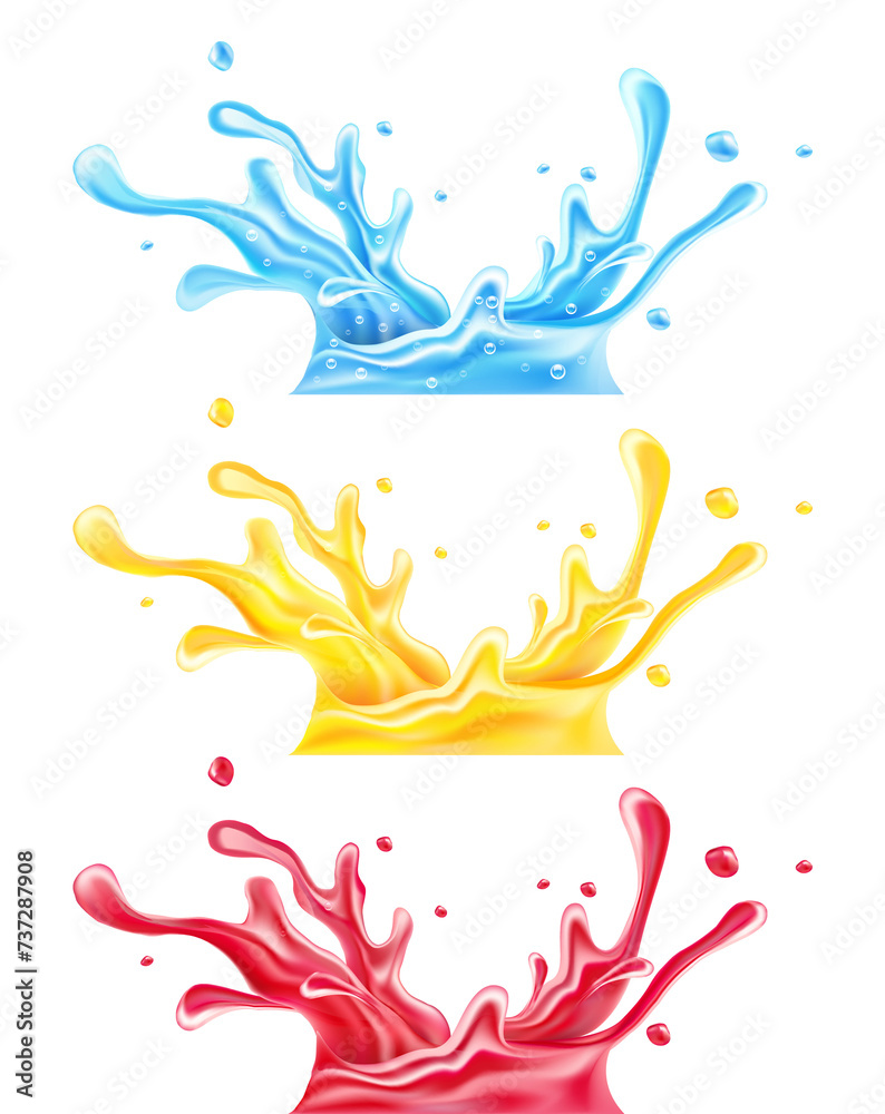 Fototapeta premium Set of splashes of clean drinking mineral water orange and raspberry juices. Spray scattering drops isolated transparent background. PNG Illustration.