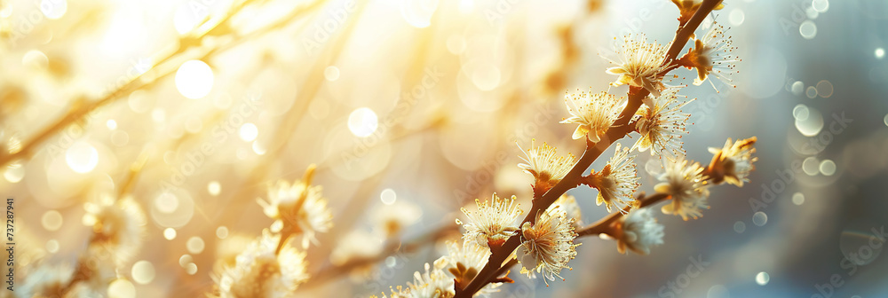 Branch with blooming willows illuminated by soft sunlight against a defocused natural background, symbolizing springtime and new growth. Easter concept. Banner with copy space.