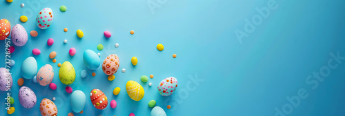 Colorful Easter eggs are scattered on a bright blue background, symbolizing springtime and holiday celebrations. Easter concept. Banner