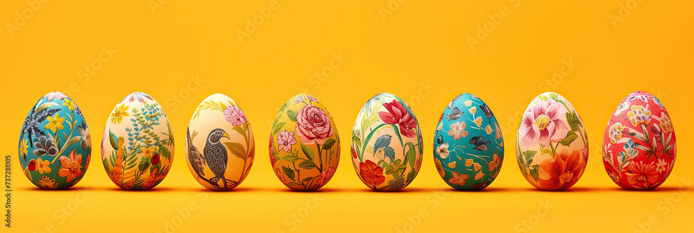 Colorful painted Easter eggs arranged in a row against a yellow background, showcasing diverse floral and animal patterns with a festive vibe. Colorful painted Easter eggs arranged in a row against a yellow background, showcasing diverse floral and animal patterns with a festive vibe.