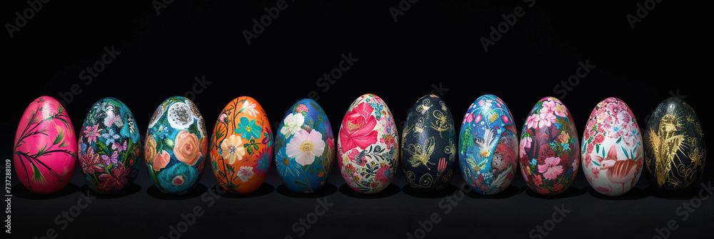Colorful painted Easter eggs arranged in a row against a black background, showcasing diverse floral and animal patterns with a festive vibe.