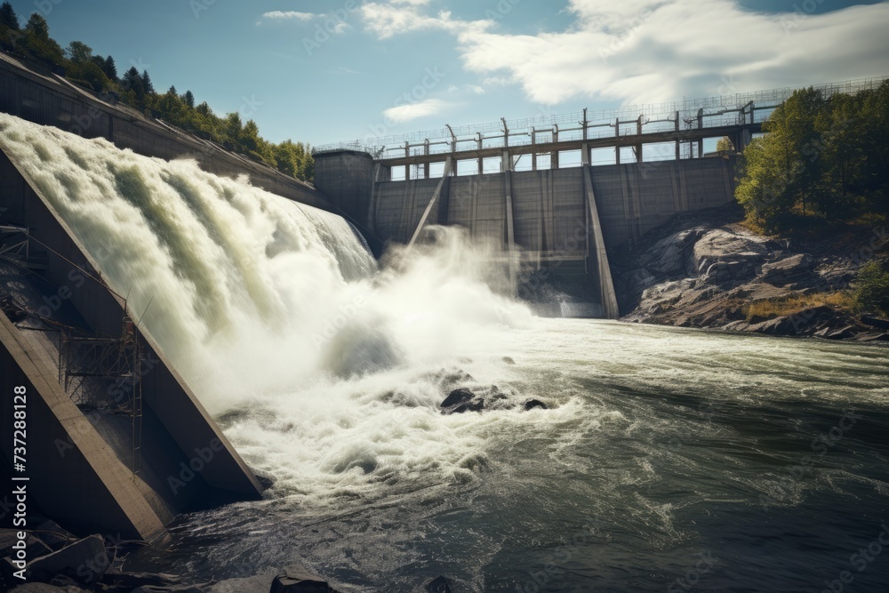A dynamic shot of a hydroelectric dam generating clean energy from flowing water