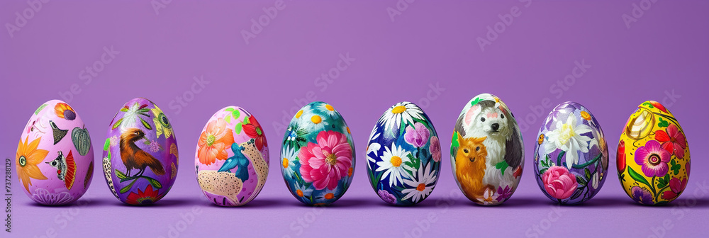Colorful painted Easter eggs arranged in a row against a purple background, showcasing diverse floral and animal patterns with a festive vibe. Colorful painted Easter eggs arranged in a row against a purple background, showcasing diverse floral and animal patterns with a festive vibe.