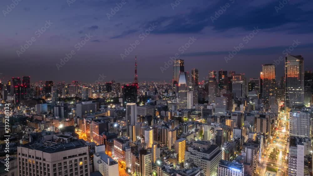 tokyo city downtown aerial view timelapse from night to day minato ward district,high point of view time lapse of modern urban town business buildings and skyscrapers 