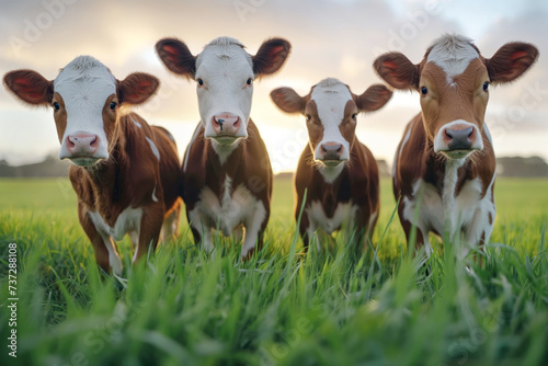 A close-up on the heads of a herd cows in a grassland.