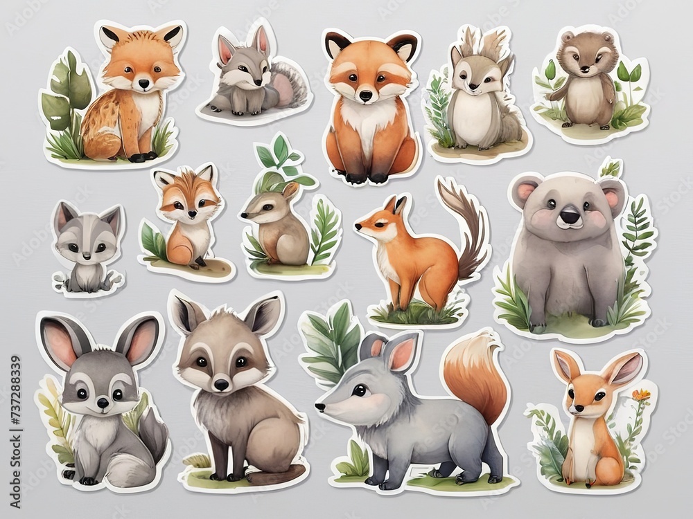 Fototapeta premium Set of cute cartoon animals stickers on gray background. Vector illustration. Stickers, cutting edges,