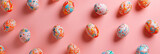 Colorful, patterned eggs float against a pink backdrop, symbolizing the Easter celebration with art and tradition. Vibrant, festive, and perfect for the spring season. Easter concept. Banner.