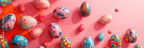 Colorful, patterned eggs float against a pink backdrop, symbolizing the Easter celebration with art and tradition. Vibrant, festive, and perfect for the spring season. Easter concept. Banner.