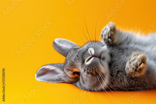 Cute grey rabbit lying on back on orange background, fluffy ears, playful posture, animal antics, bunny paws up, adorable pet, whiskers detail, comical position, close-up shot, space for text. © AI_images
