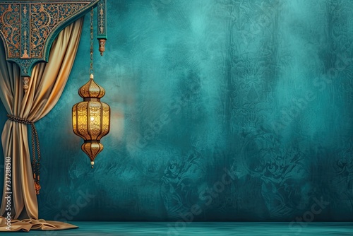 Lantern hanging next to curtains on blue painted wall background, copy space for text photo