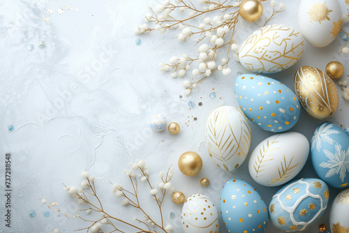 Elegant blue and white Easter eggs arranged on a bright background, decorated with golden patterns, and festive layout with copy space. Banner