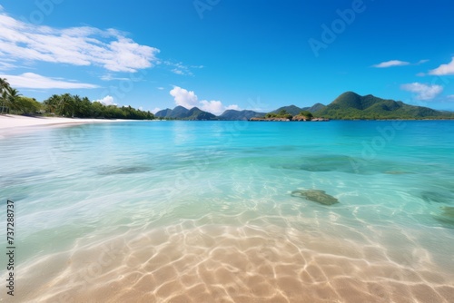 Serene beach with crystal clear waters, perfect for wanderlust themed content