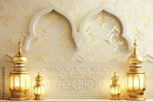 Mosque frame with white and gold motif background with beautiful patterns. There are lanterns on the mosque dome that light up, adding to the beauty of the images for Ramadan content with copy space.