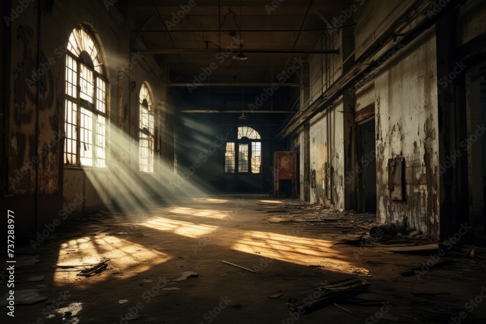 Dramatic contrast of light and shadow in an abandoned building
