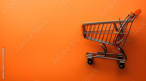 Tiny shopping cart on the orange background with space for text, generative ai