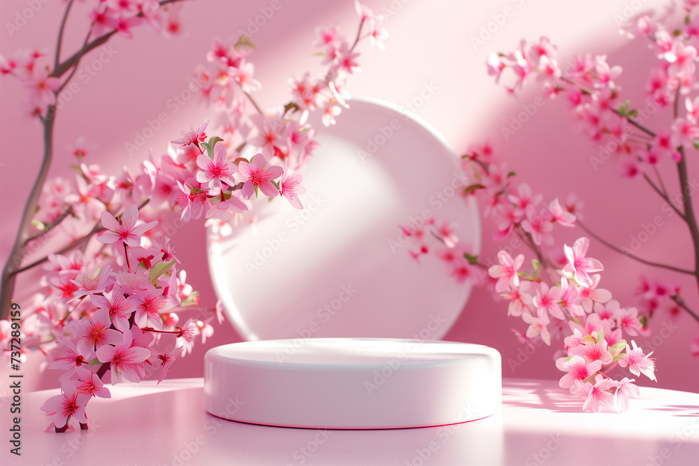podium and minimal white product display with sakura flower shadow and pink background. podium and minimal white product display with sakura flower shadow and pink background.