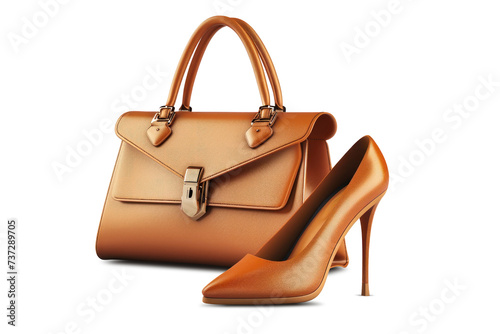 A fashionable womans handbag and high heel shoes, showcasing the sophisticated style of a business woman. Isolated