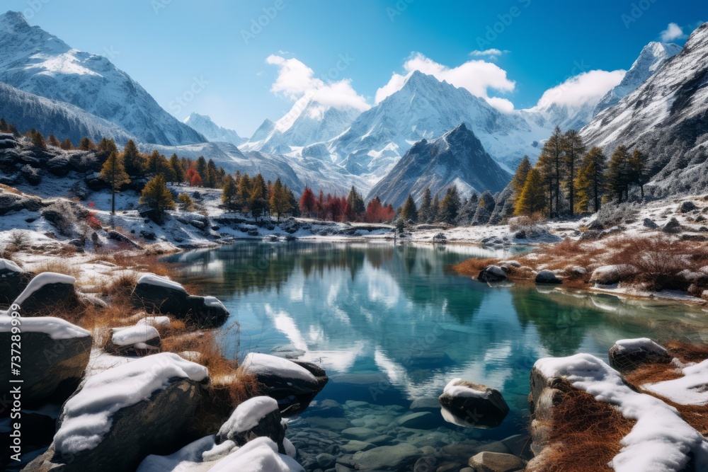 A scenic view of a tranquil lake surrounded by snow capped mountains, a haven for wanderlust seekers - obrazy, fototapety, plakaty 