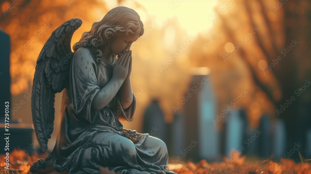 Angel statue grieving and praying on graveyard at golden hour in autumn cemetery with fallen orange leaves and foliage for burial funeral services background with copyspace