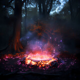 Glowing fire pit in a mystical woodland gathering.
