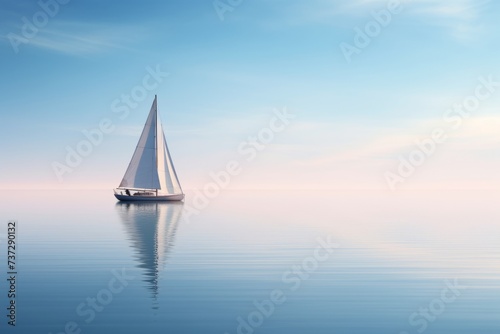 A serene reflection of a lone sailboat drifting on a calm sea