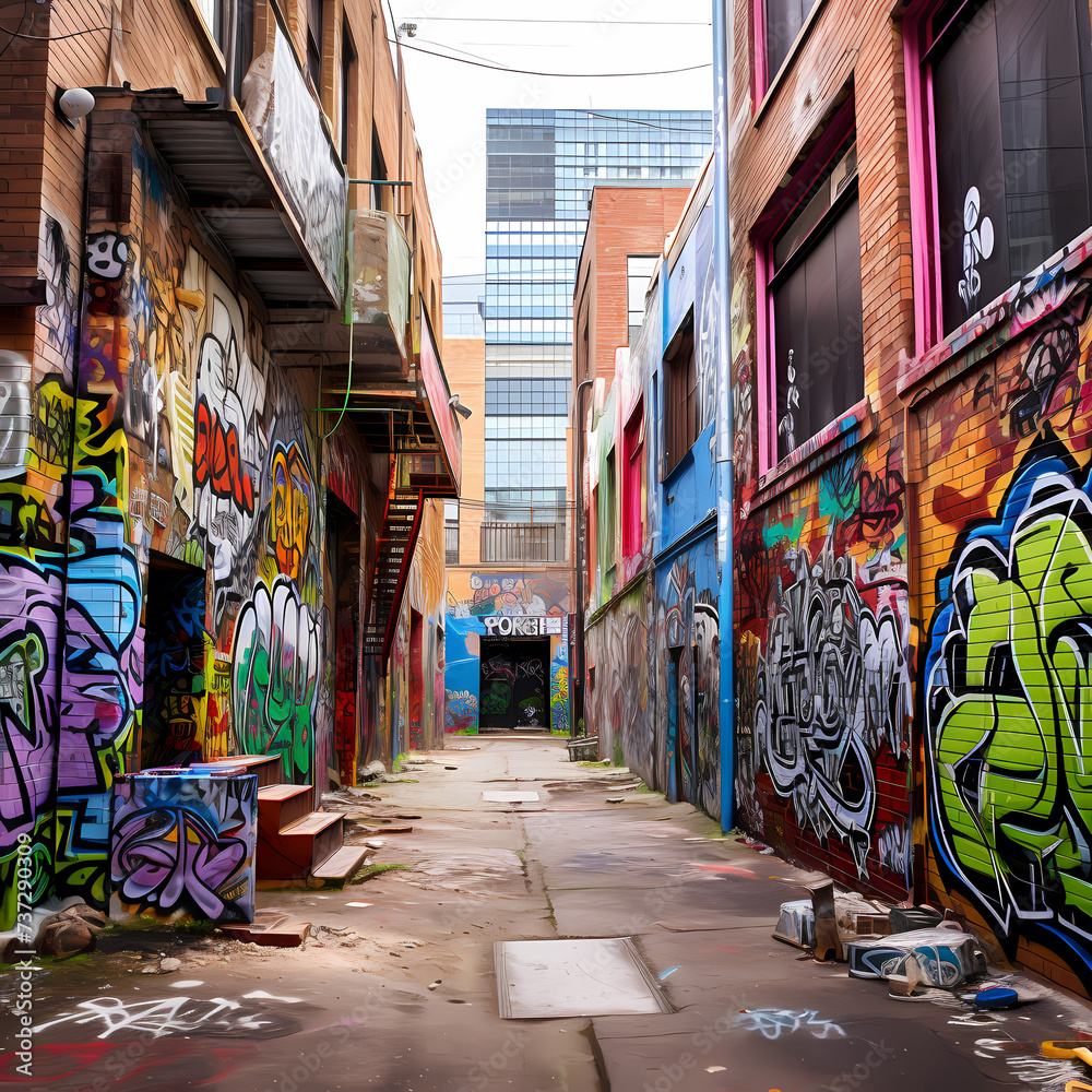 Graffiti-covered walls in an urban alleyway. 
