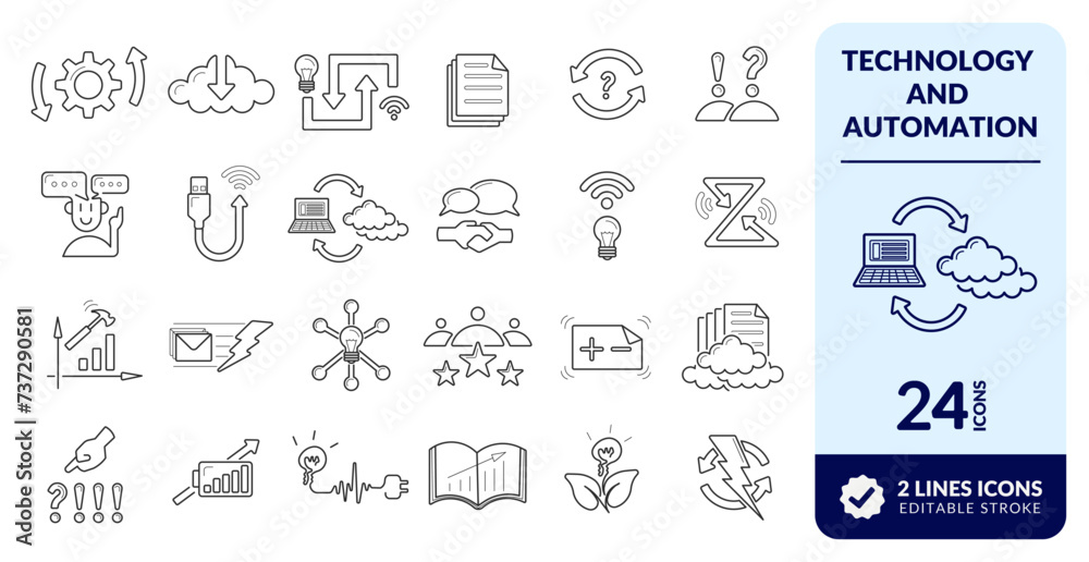 SET OF EDITABLE LINE TECHNOLOGY ICONS.
ELEMENTS TO ILLUSTRATE, PRODUCTION, BUSINESS, MODERN AUTOMATION, COMMUNICATION NETWORK, COMMERCIAL COMPANY, PLANNING AND OTHERS.
PIXEL PERFECT. EDITABLE LINE
