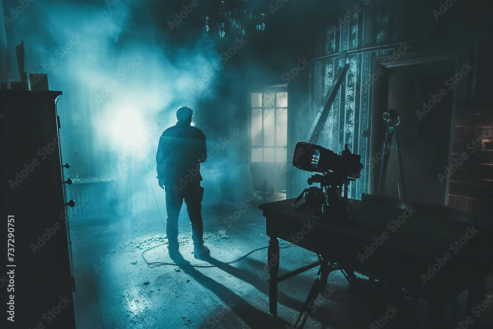 Paranormal investigator examining haunted locations: Investigators in dimly lit rooms with ghost-hunting equipment, searching for evidence of the supernatural. - obrazy, fototapety, plakaty 