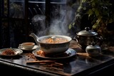 A table with a bowl of steaming hot soup