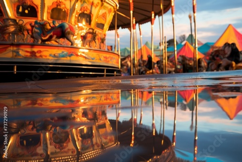 A vibrant reflection of a carnival carousel spinning in the evening light