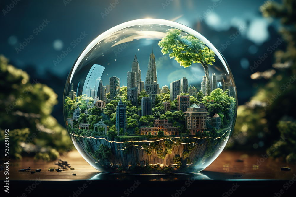 Crystal ball strategically placed outdoors refracts and mirrors a clear, detailed reflection of an urban skyline under a blue sky.