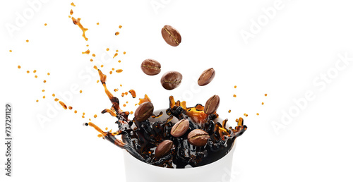 Hot takeway espresso morning coffee splash in cardboard paper cup. Coffee to go fragrant drink splashes. Falling down coffee beans isolated. Banner design. 3D PNG Illustration. photo