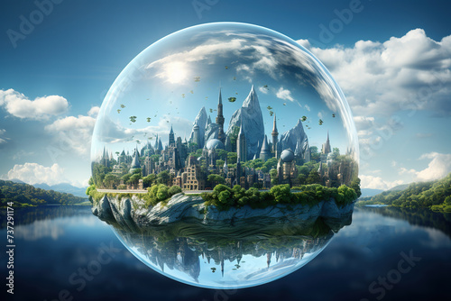 Crystal ball strategically placed outdoors refracts and mirrors a clear, detailed reflection of an urban skyline under a blue sky.