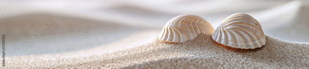 White fine sand and white shells, close up White fine sand and white shells, close up