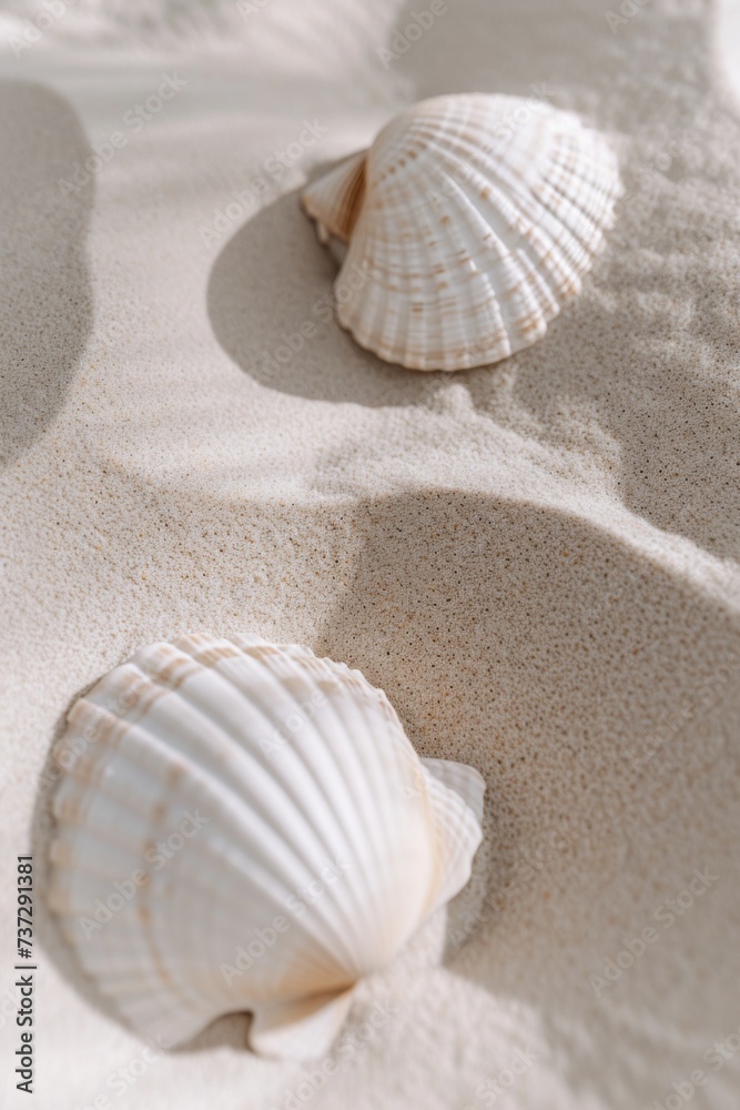 White fine sand and white shells, close up White fine sand and white shells, close up