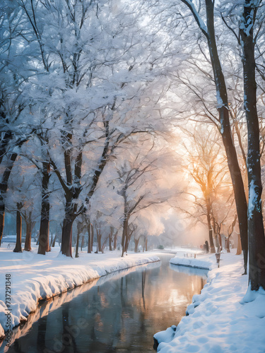 Beautiful winter landscape with snow covered trees and river at sunset.