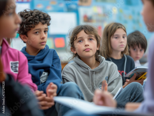 In a classroom, a schoolgirl confidently shares book information with peers while seated. Nearby, a boy eagerly holds paper and pencil, ready to jot down notes.