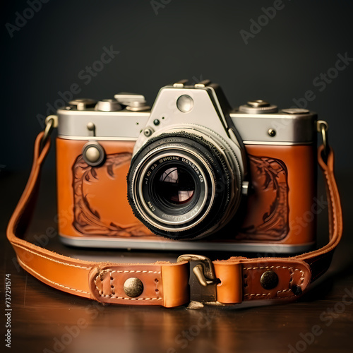 Old-fashioned camera on a leather strap.