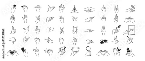 Set of 50 icons include hand gestures . Full Vector Outline Style Icons. Vector Stock illustration functional  for all kind of bussiness editable vectors  interaction and more icon  monochrome  