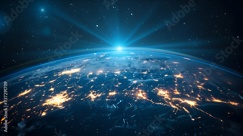 Connection lines around the Earth's surface, future technology backdrop with circles and lines. Internet, social media, travel, or logistical concepts, generative ai