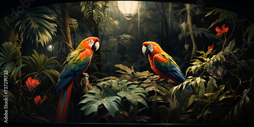 Colorful parrots in forest painting bird and flowers with a dark green background illustration