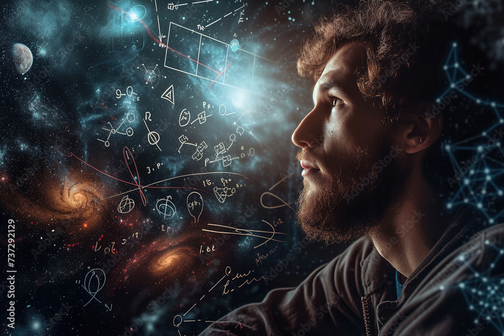 Quantum philosopher exploring theoretical dimensions: Image of a pensive individual staring into space, surrounded by equations and diagrams.