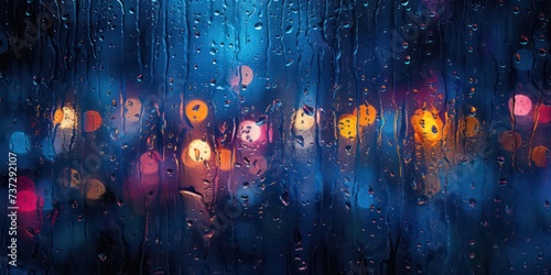 Soft patter of rain on a vivid soft black glass, blending tranquility with the vibrancy of color and bokeh light.