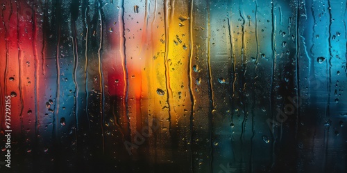 Soft patter of rain on a vivid soft black glass, blending tranquility with the vibrancy of color and bokeh light.