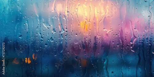 Soft patter of rain on a vivid soft black glass, blending tranquility with the vibrancy of color and bokeh light. photo