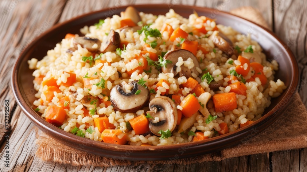 Bulgur with mushrooms and vegetables in a plate