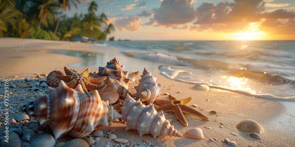 Landscape of a beach with shells, conches, coral and starfish on the shore and palm trees with sunset in the background. Summer wallpaper. - obrazy, fototapety, plakaty 