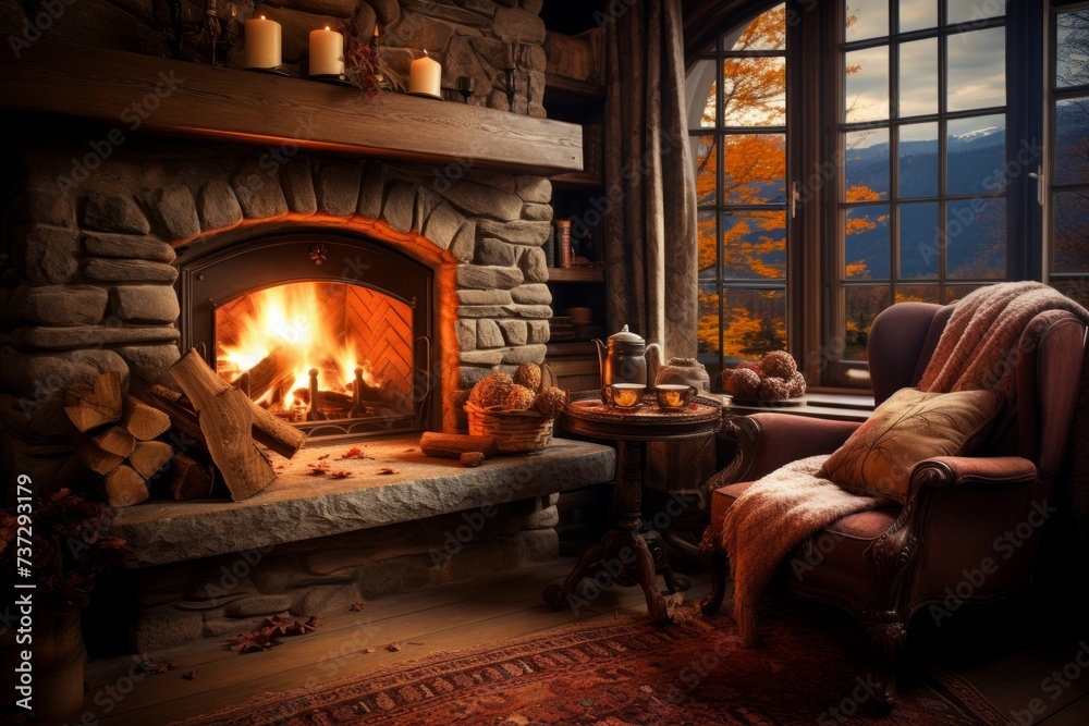 Cozy fireplace with a warm autumn atmosphere